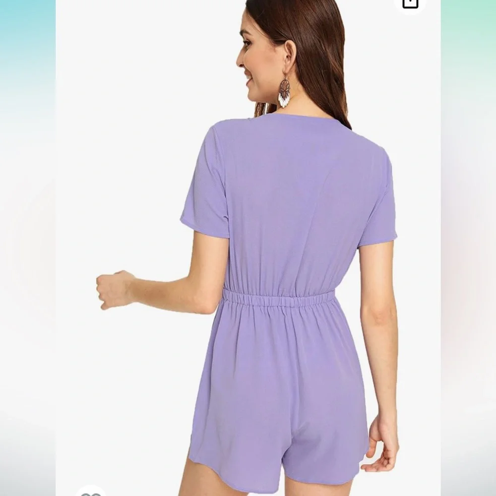 V Neck Self Tie Front Short Romper Playsuit - Picture 4 of 7